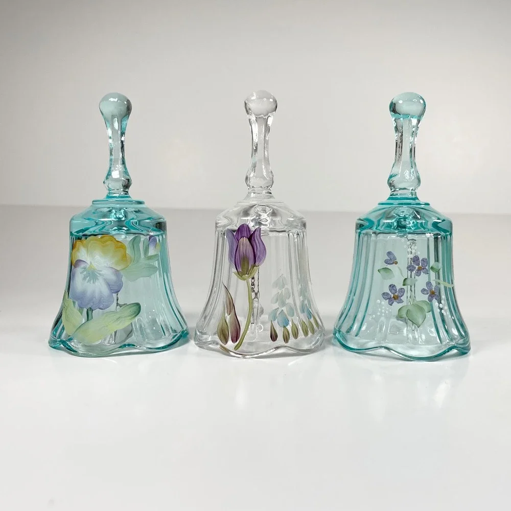 Vintage Fenton Scalloped‎ Clear Blue Bells Floral Hand Painted Signed set of 3